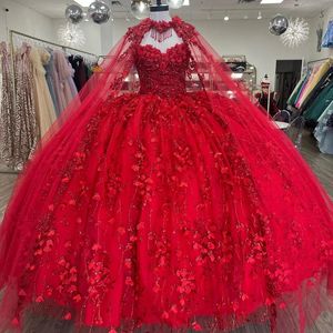 Red Shiny Princess Quinceanera Dresses With Cape Handmade Floral Applique Beads Lace Up Corset Prom Vestidos De Anos