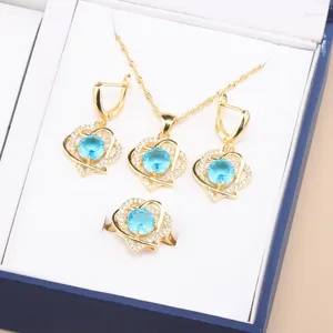 Necklace Earrings Set 18K Gold Zircon Heart Engagement Ring Earring For Bridal Wedding Jewelry Valentine's Day Gift Women