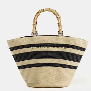 Totes Fashion casual Women's bag shoulder color matching striped str tote Bamboo handle handbag PP grass wovenstylisheendibags