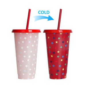 Reusable Colorful Star Tumbler Color Changing Cold Cups Star Print Cup Plastic Tumbler With Straw And Lid Plastic Cup 24OZ Colle Party Favor 5 Colors