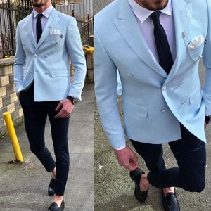 Summer Light Blue Mens Jacket Double Breasted Peaked Lapel Groom Blazer Party Birthday Wear One Piece