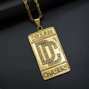 Necklaces 316L Stainless Steel Pendant Necklace Iced out Bling Bling Full Rhinestones Dream Chaser Rope Chain For Women Men DC Jewelry