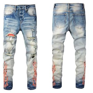 Primavera high street masculino impresso calças de ajuste fino na moda buraco remendo jeans plissado homem magro amiryes 5xl azul
