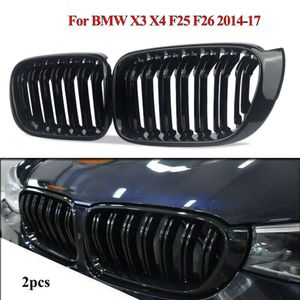 New Pair Front Kidney Grilles Gloss Black Double Dual Slat For BMW X3 X4 F25 F26 2014-2017 Replacement Racing Bumper Car Styling