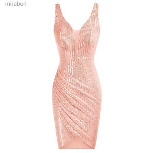 Grundläggande avslappnade klänningar GK Kvinnor Sequined Mini Dress Sleeveless Plunging V-Neck Oregelbundet Hem Peach Heart V-Neck Sequin Wrapped Hip YQ240110