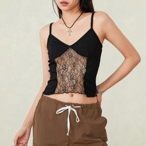 Damen Tanks Sommer Sexy Crop Camisole Sheer Lace Patchwork Spaghetti Strap Tank Tops Ärmelloses T-Shirt Club Streetwear