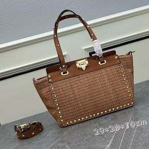 Woven Beach Bag Hand Straw Bag Raffia Tote Bag Large Capacity Shopping Shoulder Bag Lady Handbags Summer Weekend Travel Pouch Metal Hardware Hasp Zipper Tote Purse