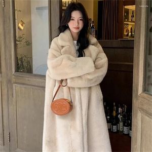 Women's Fur Beige Environmentally Friendly Faux Mink Long Loose And Thickened Pink Integrated Suit Collar Coat For Wome