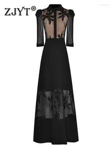 Casual Dresses Zjyt Runway Autumn Embroidery Black Maxi Party for Women 2024 Elegant Special Endast Vestidos Para Mujer Sexig Robe