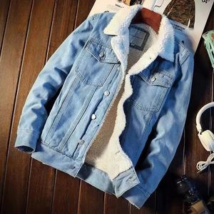 Men Jean Jacket Thicken Lamb Cashmere Foder Solid Color Cylesof Outerwear Winter Single Breasted Denim Coat Streetwear 01 240109