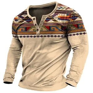 Vintage Men's T-skjortor 3D Henley Shirt Tee Graphic Long Sleeve T Shirts V Neck Bomulls-ner överdimensionerad manlig t-shirt Pullover 240109