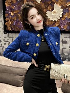 Spring Short Jacket för kvinnor Elegant White Blue Tweed Coat Single Breasted Long Sleeve Buttons Femme Clothes Office Street 240109