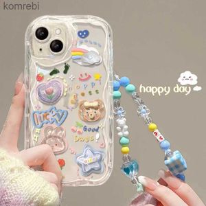 Casos de telefone celular Coreano 3D Urso Pendurar Cadeia de Telefone Cordão Clear Soft Case para iPhone 15 14 Pro Max 11 13 12 Mini XR 6 8 7 Plus X XS SE Cute CoverL240110