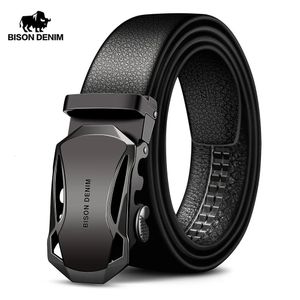 BISON DENIM Men's Belt Cow Leather Belts Brand Fashion Automatic Buckle Black Genuine Leather Belts for Men 3.4cm Width N71314 240110