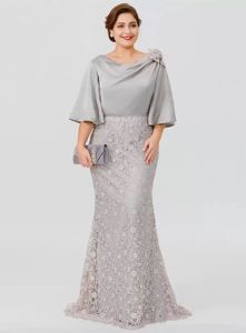 Elegante raso di seta sirena lunga abiti per la madre della sposa mezze maniche pizzo argento lunghezza del pavimento abiti da sera formali abito da cerimonia nuziale chic per lo sposo mamma abiti da ballo