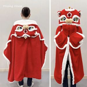 Cartoon Chinese Red Lion Year Christmas Cloak Hoodie Blanket Flannel Hooded With Hat Glove Wearable Warm Kids Cosplay Gift 240109