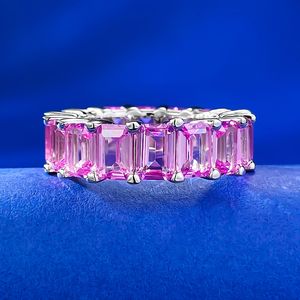 Eternity Emerald Cut Pink Diamond Ring 100% Real 925 Sterling Silver Party Wedding Band Rings for Women Men Engagement Smycken