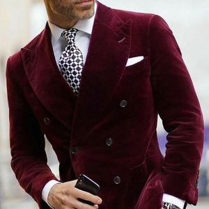 Burgunderroter Samt-Anzug für Herren, Revers-Blazer mit zweireihigem Smoking für Abendessen, Party, Hochzeit, neueste Designs, Mantel 240110