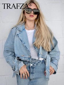 TRAFZA Women's Spring Denim Jackets Long Sleeve Crop Top Jacket With Belt Cropped Jean Jacket For Women Fashion Streetwear 240109