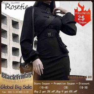 Sukienki Krótki bandaż Rosetyczne swobodne sukienki Goth Women Gothic Punk Belt Long Rękaw Streetwear Black Mini Vestidos Sukienki Sprężyna 2020 Z0216 IC