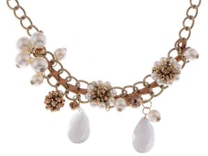 Pendant Necklaces Golden Tone Brown Ribbon Tear Drop Faux Pearl Flower Bead Eclectic Trend Necklace