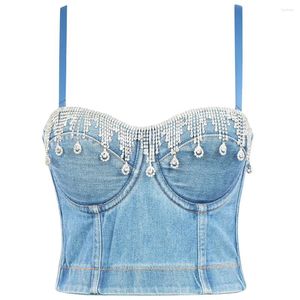 Damen Tanks Frauen Denim Bustier BH Korsett Top Crop Diamanten Quaste Jeans Camisole Push Up High Street Damen Club Party Bühnenkostüme