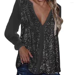 Kvinnors blusar Sexig V-ringning Top Sequin V Neck Party Blouse Breatble Long Sleeve Pullover med Shiny paljetter Mjuk mittlängd för hösten