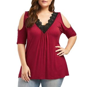 Shirts Plus Size Tshirts Off Shoulder Lace Spliced Loose Ruched Tunic T Shirts for Women Short Sleeve Summer Oversized Peplum Tops 5xl