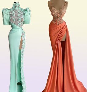 2021 Spaghetti Straps Evening Dresses Ruched Side Split Lace Pärlade formella promfestklänningar Elegant Vestido de Novia7456519