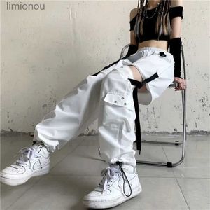 Kvinnor Pants Capris Houzhou White Streetwear Cargo Pants Women Y2K Harajuku Loose Patchwortk High midjebyxor Casual avtagbar Techwear Koreanl240110