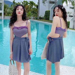 Anzüge 2021 Neue Koreanische Frauen Hohe Tasse Badeanzug Frauen Bademode Retro Einfarbig Bikini Vintage Badeanzug Sexy Swimskirt