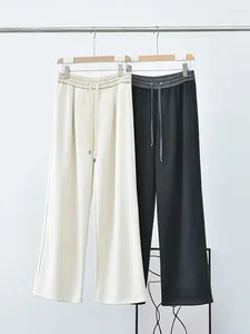 Pantaloni da donna a gamba larga 2024 con coulisse elastica in vita tasche con perline Pantaloni lunghi dritti casual in tinta unita versatili