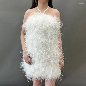 Casual Dresses Ostrich Feather Dress Lady Streetwear Off Shoulder Summer Backless Women Fashion Evening Party S5581