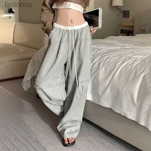 Kadın pantolon capris houzhou geniş bacak eşofmanları kadınlar bolby gri kargo spor pantolon fe büyük boyutlu gündelik pantolonlar Kore sokak giyimi coctl240110
