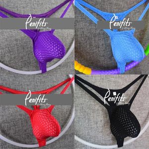 Underpants Men's Elastic String Thong Contoured Bulge Pouch Eyelet Mesh Grape Smlers Underwear Gstring Tback