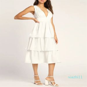 Casual Dresses Women's Summer Solid Color Sleeveless V Neck Tiered Ruffle Evening Dress