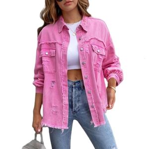 2023 Holes Rawedges Denim Jacket Women Spring Autumn Shirt Style Jeancoat Casual Top RoseRed Orange Purple Outerwear Lady Coat 240109