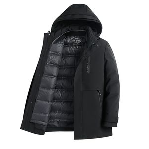 Winterneue weiße Entendaunen-Herren-Daunenjacke mit abnehmbarer Kapuze und warme Daunenjacke für Väter