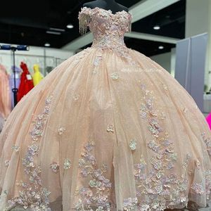 Luz champanhe miçangas borla fora do ombro quinceanera vestido de baile 3d flores apliques rendas espartilho vestido de 15 anos