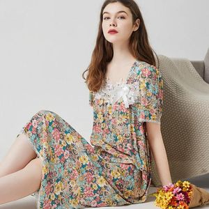 Hemden Sommerschlafdress Frauen Baumwoll Nachtkippe Schlafhirts Kurzarm Homewear Florale Spitze Langes Dressing Casual Nightdred Lady