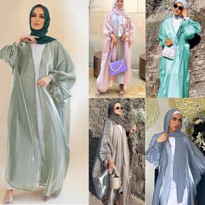 Ethnic Clothing Elegant Open Abaya Kimono For Women Satin Balloon Sleeve Long Dress Cardigan Muslim Dubai Arab Summer Party Outfit Ramadan