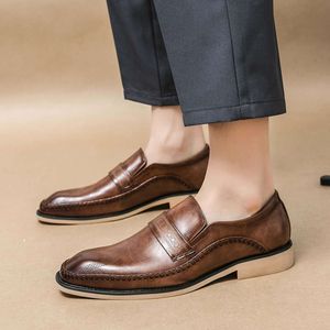 Business Casual Men's Dress Fashion Carving Brown Leather Formal Man Trendy Slip-On Social Office Shoes for Men