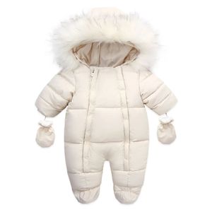 Vinter baby rompers tjock varm spädbarn huva inuti fleece jumpsuit född pojke flicka overalls småbarn kläder set 240109