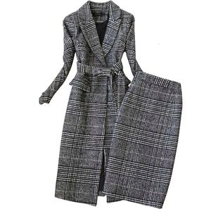 Plaid Suit Women Autumn Winter Long Woolen Blazer Skirt Set Temperament Tweed Trench Two Piece Set Ladies Outfit f1834 240109