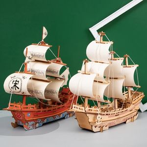 3D trä segelbåt byggstenar Destroyer Merchant Ship Puzzle Boat Model Bricks Diy Creativity Assemble Toy Kids Gift 240110