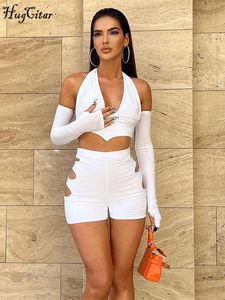 Skirts Hugcitar Halter Solid Sleeveless Hollow Out Backless with Gloves Crop Top Shorts 2 Pieces Summer Set Women Vacation Outfit Y2k