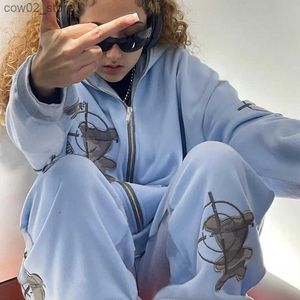 Men's Tracksuits Y2k Hip Hop Bear Pattern Letters Embroidery Oversized Full Zip Up Hoodie Track Pants Men Women 2023 Couple Sportswear Streetwear Q230110