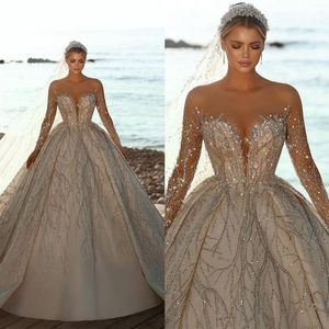 Abito da sposa di lusso con perline scintillanti di Dubai Abito da sposa con collo gioiello nudo a maniche lunghe Abiti da principessa Abiti da sposa vintage con paillettes arabe