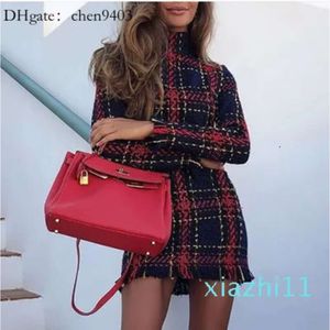 Dress Tweed Women Fashion-elegant Plaid Winter Office Lady Long Sleeve Warm Christmas Dress Vintage Sexy Autumn Dresses Festa Z130 es