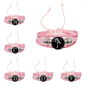 Charm Bracelets 26 Letter A-Z Glass Snap Metal Bead Bracelet ID Name Girls Friendship Pink Braided Leather For Women Family Gifts